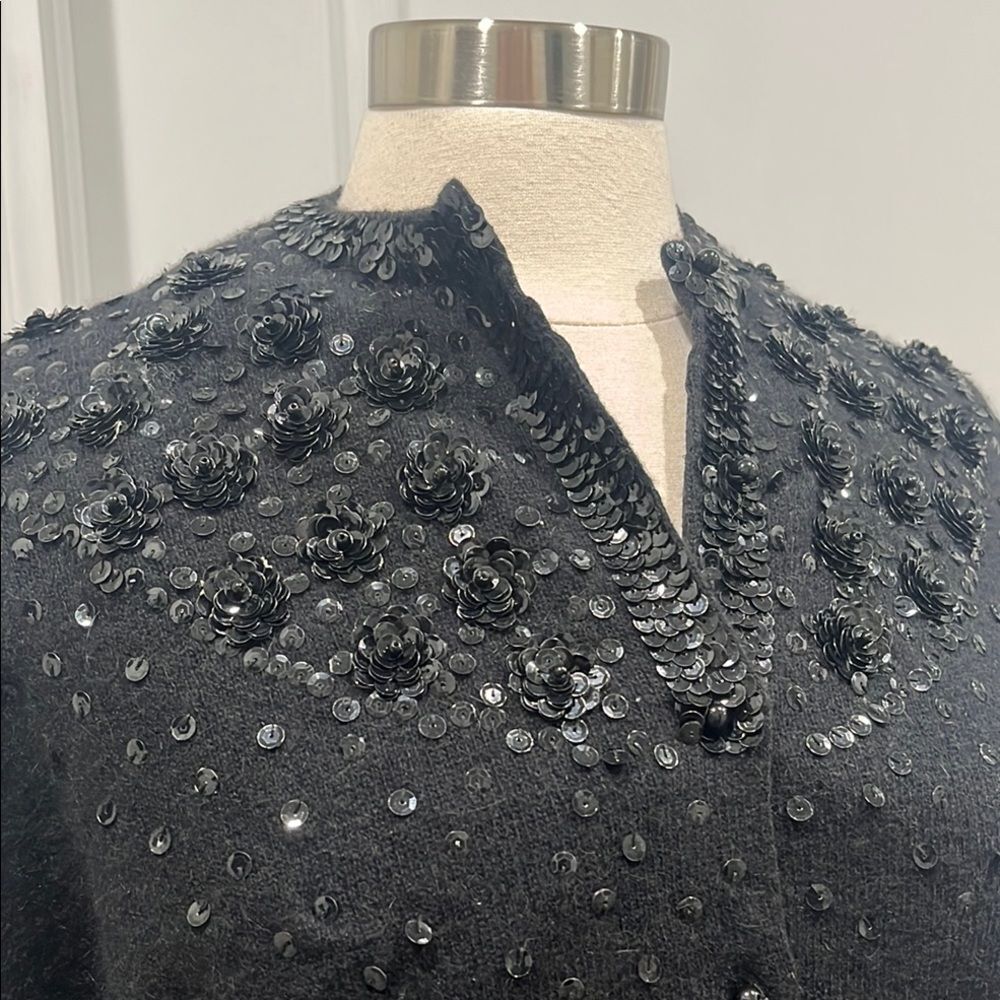 New! VIVIEN FOREST Cardigan Black Floral Sequin Lambswool Angora‎ Blend